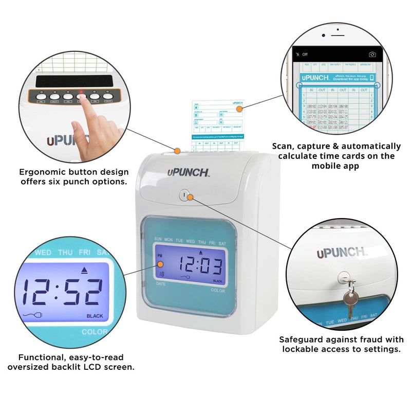 uPunch FN1000 Smart Time Clock System for Small Business: Auto Align Punch Clock with Free Mobile App for Digital Time Card Management and Payroll - Image 3